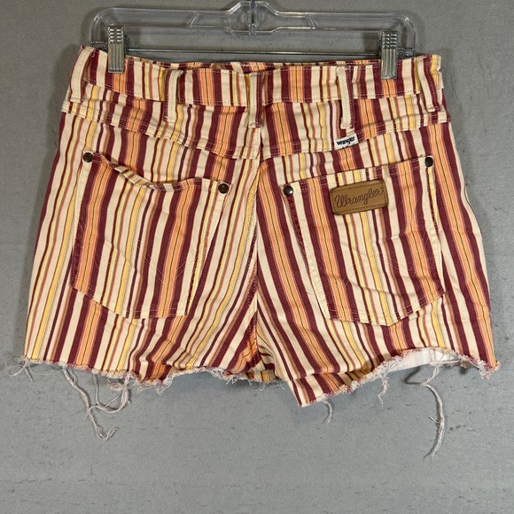 Wrangler Size 30 Striped Denim Cutoff Shorts Burgundy Orange Yellow Raw Hem - Picture 2 of 7